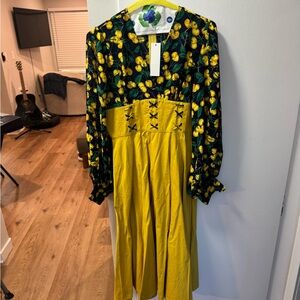 Lemon-Print Yellow Long Sleeve Midi Dress